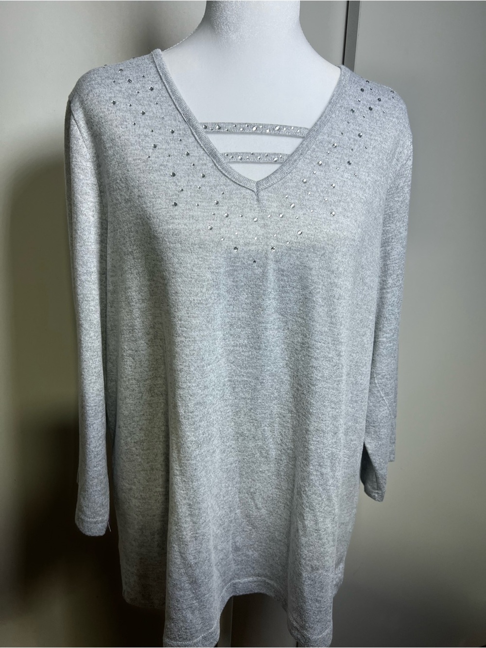 Cathy Daniels Light Gray V-Neck Studded Sweater with Strappy Detail